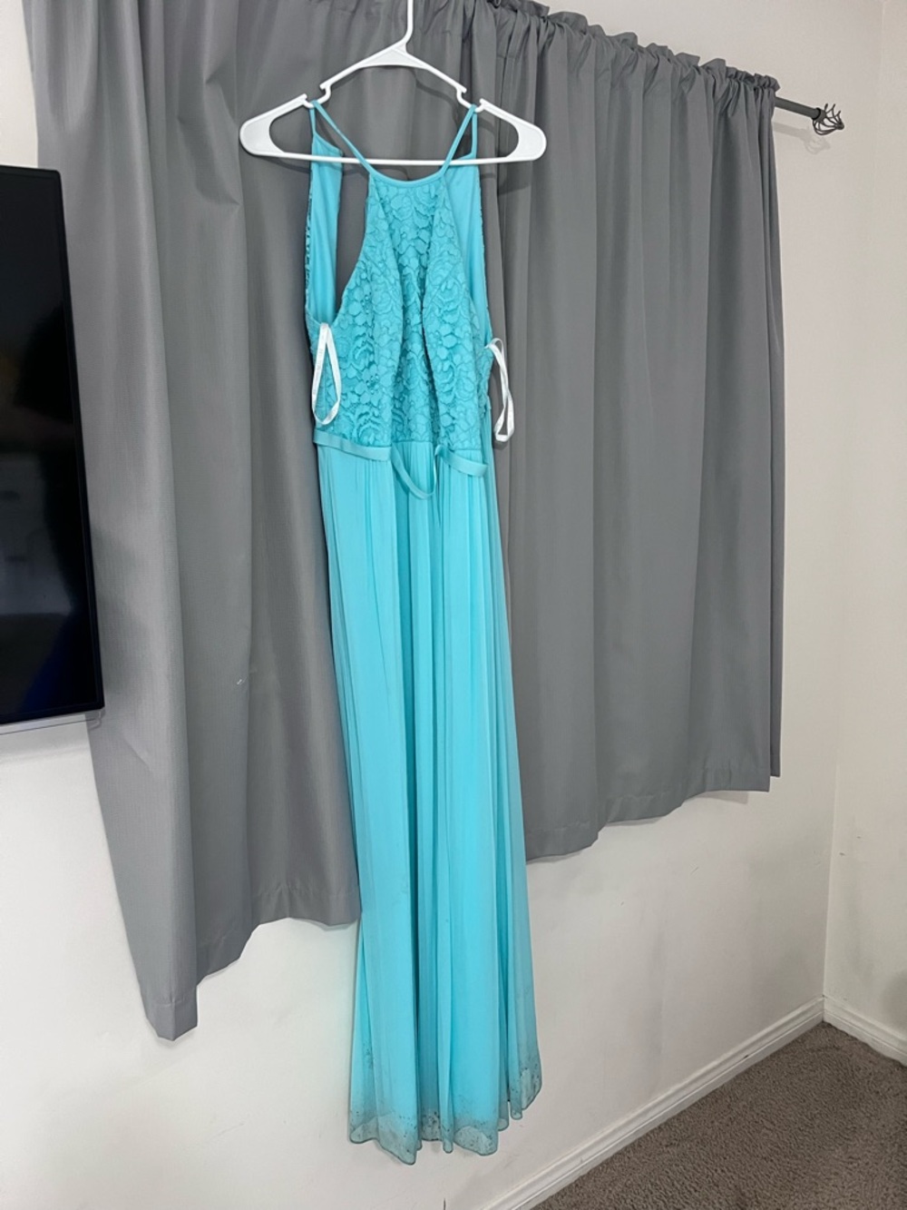 David's Bridal Aqua Blue Lace Halter Backless Maxi Dress